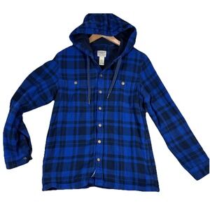 L.L. Bean Fleece Lined Flannel Hooded Jacket Blue Plaid Button Up Sz S